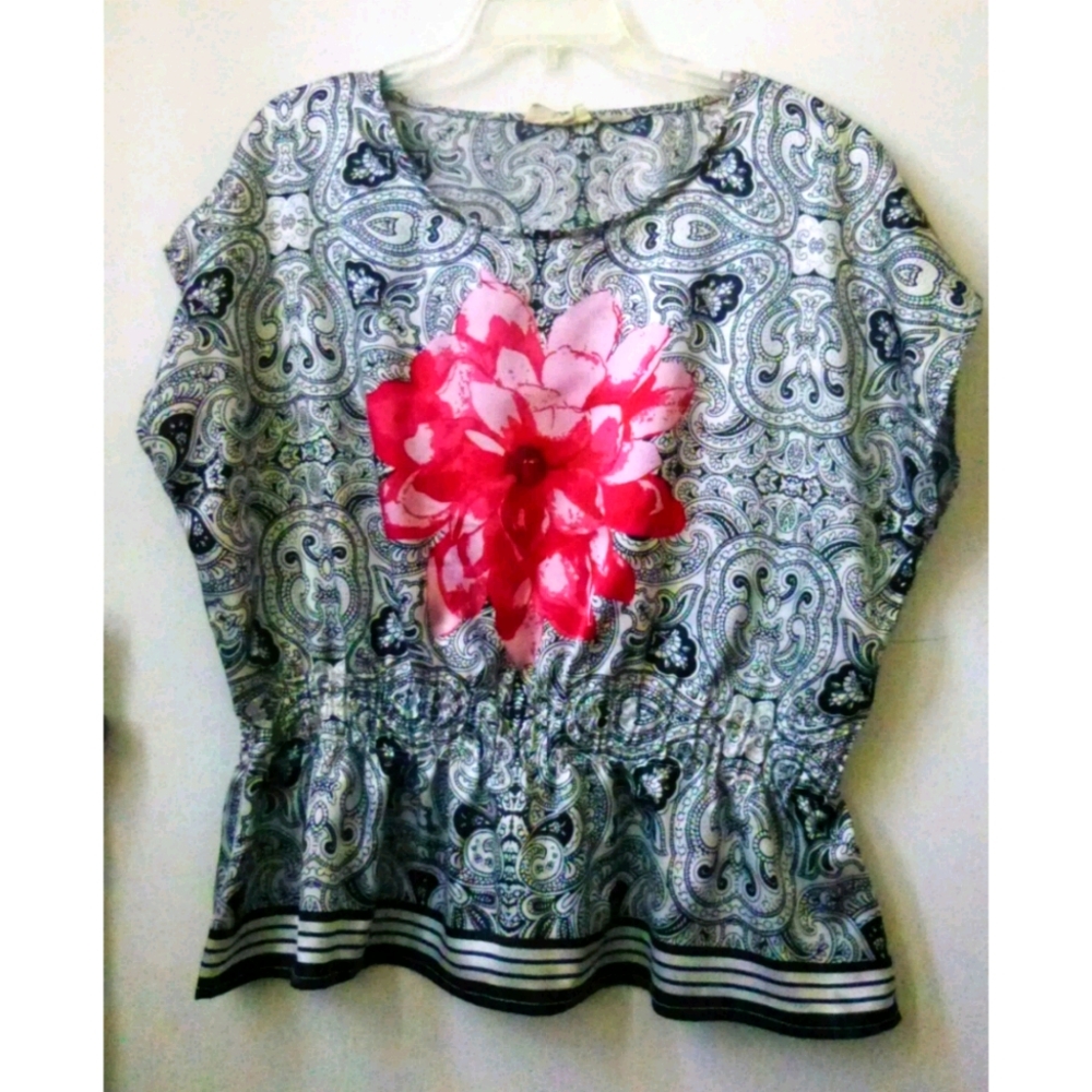 Women Top Size M Short Sleeve Allison Brittney Crew Neck Casual Elastic Waist - Picture 1 of 4